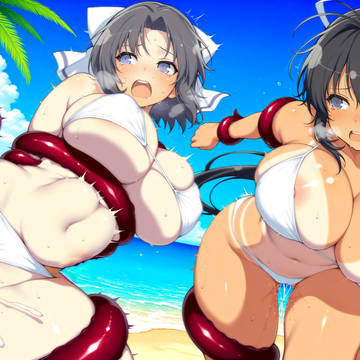 ビーチで触手に囚われる触手たち