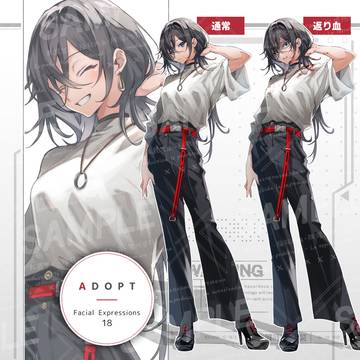 黒髪ロングウルフの女性（表情18種／返り血verセット）