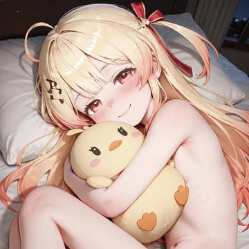 Kanade hugging her plushie
