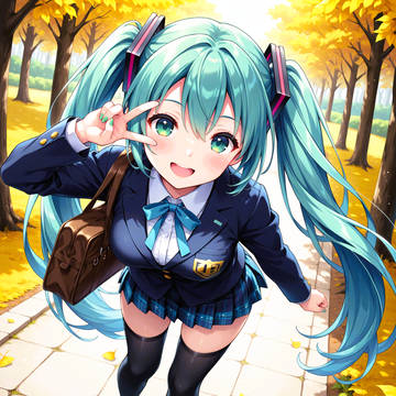 もしミクが学生だったら…秋の並木道でピース!