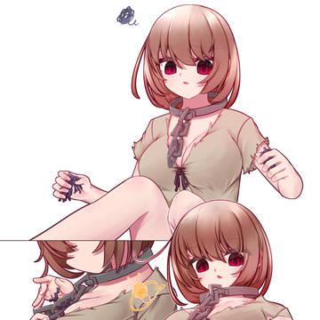 両手の持った小人が邪魔なので、胸に放り込んじゃう巨大奴隷ちゃん