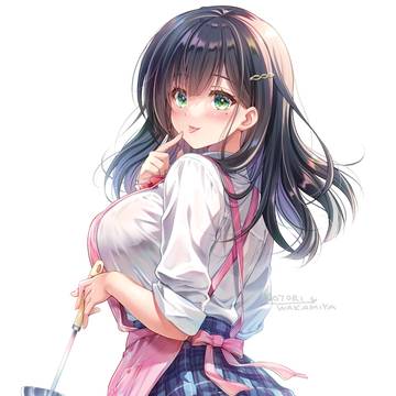 エプロン姿の清楚黒髪巨乳JK