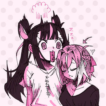 ムサシちゃんに寄りかかるヒヨリちゃん