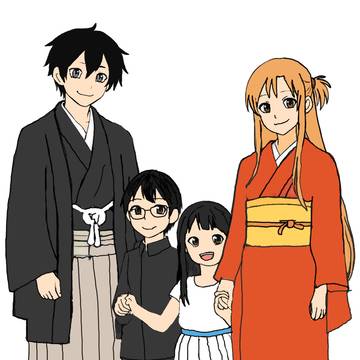 キリト、アスナ、息子が小学生になる年の正月に着物で記念撮影