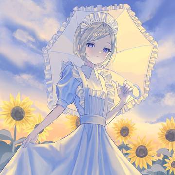 ひまわりと白メイドさん