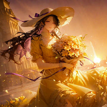夕暮れの花束少女