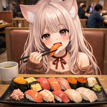 大好きなサーモンを食べる7時ちゃん