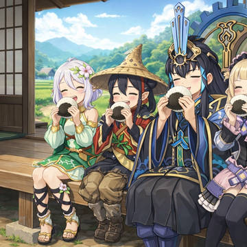 コッコロとユキ、サクナヒメ、ココロワヒメ、縁側でおにぎりを頬張る
