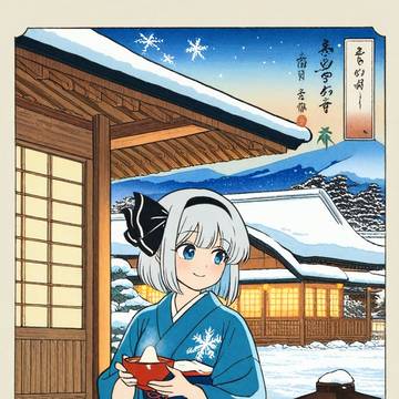 「雪灯りに染まる縁側」