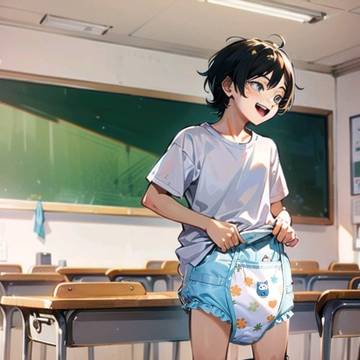 教室でオムツ交換する男の子