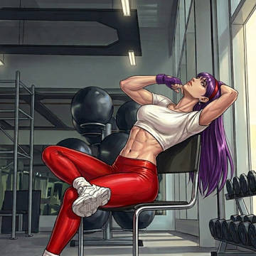 麻宮アテナ lounging on a chair in gym