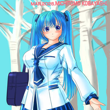 セーラー服ミクさん、白樺を背景に