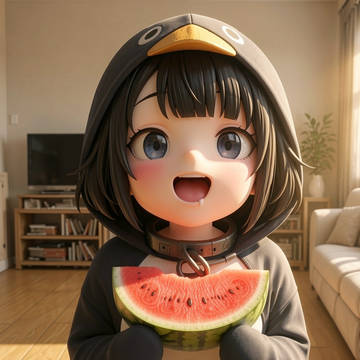 Gugugaga eats a watermelon