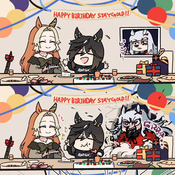 ステイゴールドと品のある栗毛と葦毛のウマ娘の誕生日パーティ