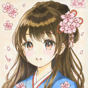 手描きイラスト オリジナル 桜の花と着物の女の子