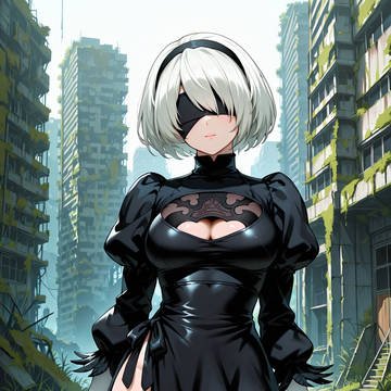 森の廃墟の探索任務実行中の2B