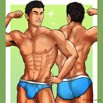 力こぶ笑顔ブリーフ姿のお兄さん前後姿