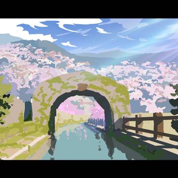 水路の向こうは桜の都　ラフとスケッチ