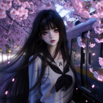 桜と電車の女子学生