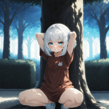 樹木に隠れ、恥ずかしそうに座る少女