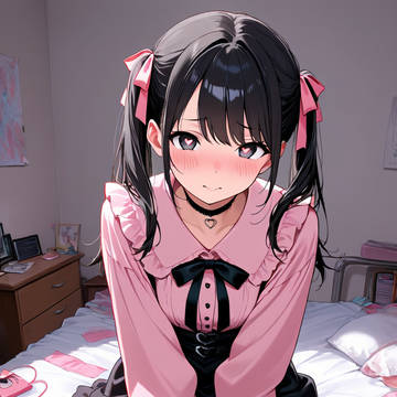 「今日のお題:フリル」黒髪ツインテちゃんの照れ顔
