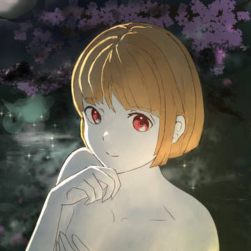 温泉、月、桜