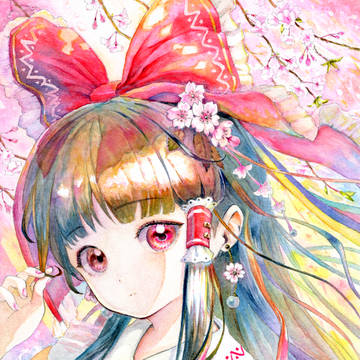 桜と霊夢 / 透明水彩