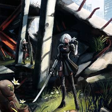 2B and A2 in the city ruins