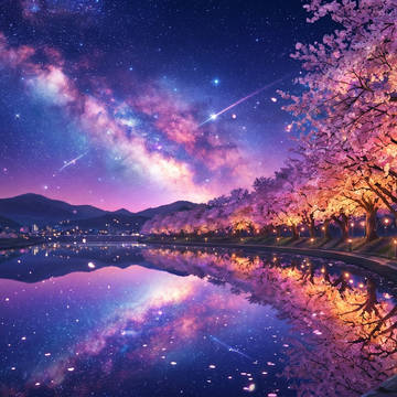 夜桜と星空のリフレクション