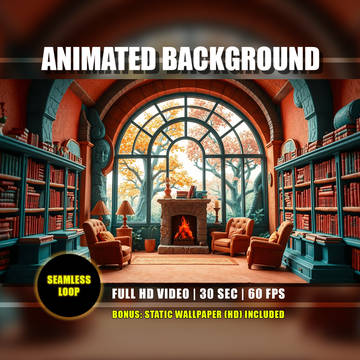 【アニメ背景】秋の癒やし図書館・暖炉と紅葉