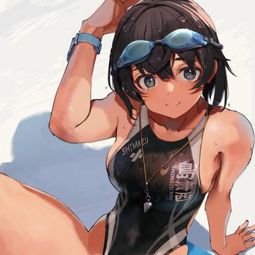 プールサイドで休む汗だく水泳部員