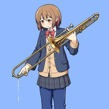 トロンボーンに溜まったツバを抜いている埴輪ルックの女の子