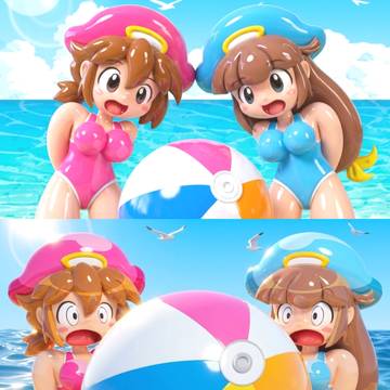 ビーチボール膨張破裂でドッキリ？3Dver