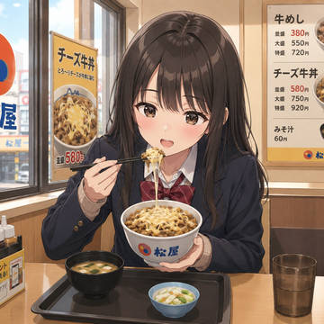 松屋でチーズ牛丼を食べる女子高生!