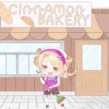 店前の清掃をしているモニシナくん🍞