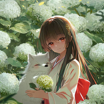 巫女と白狐と紫陽花