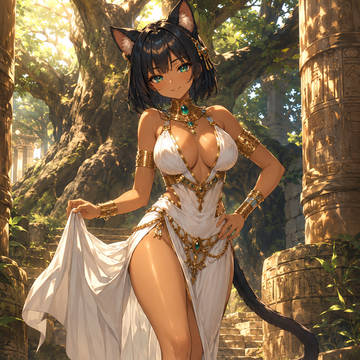 木漏れ日の神殿を歩く猫神バステトちゃん