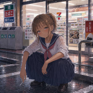 雨の夜のコンビニ前で