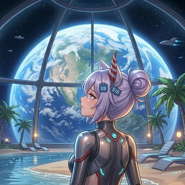 月のドームから地球を見るサイボーグシス