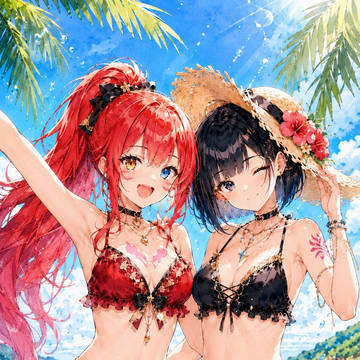 リゾートビーチではしゃぐ仲良し姉妹