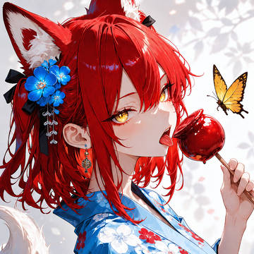 りんご飴と紅狐の誘うような流し目