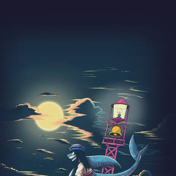 夜の海のサメ人間