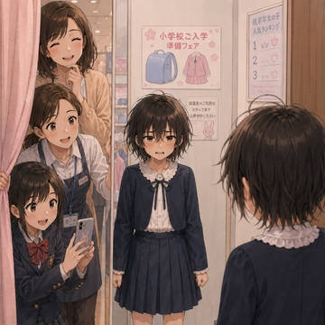 小学校の女子制服試着する真琴君