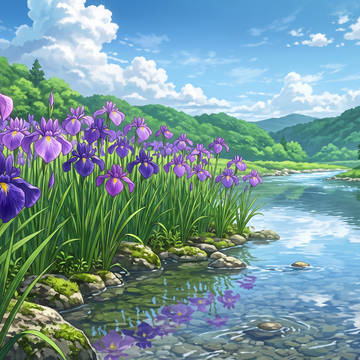 川辺に咲く花菖蒲