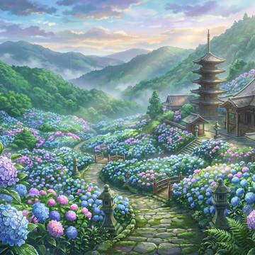 山裾の古寺と紫陽花