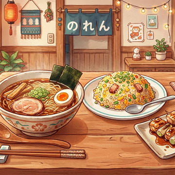 醤油ラーメン、炒飯、焼き鳥、麦茶(AI画像)