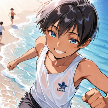 海ではしゃぐ褐色少年