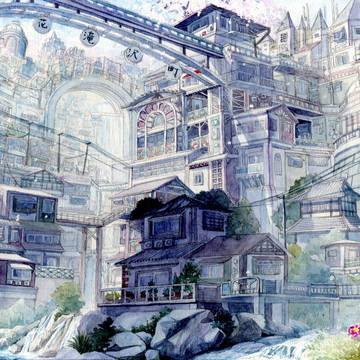 人工の滝のある町