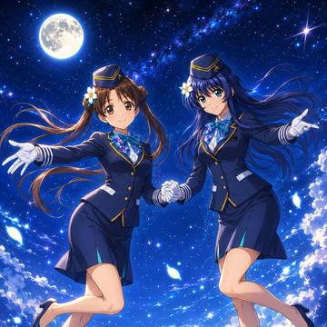 夜空に宙を舞う片瀬志麻とミスマルユリカ