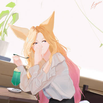 Ahri taking a break at a café